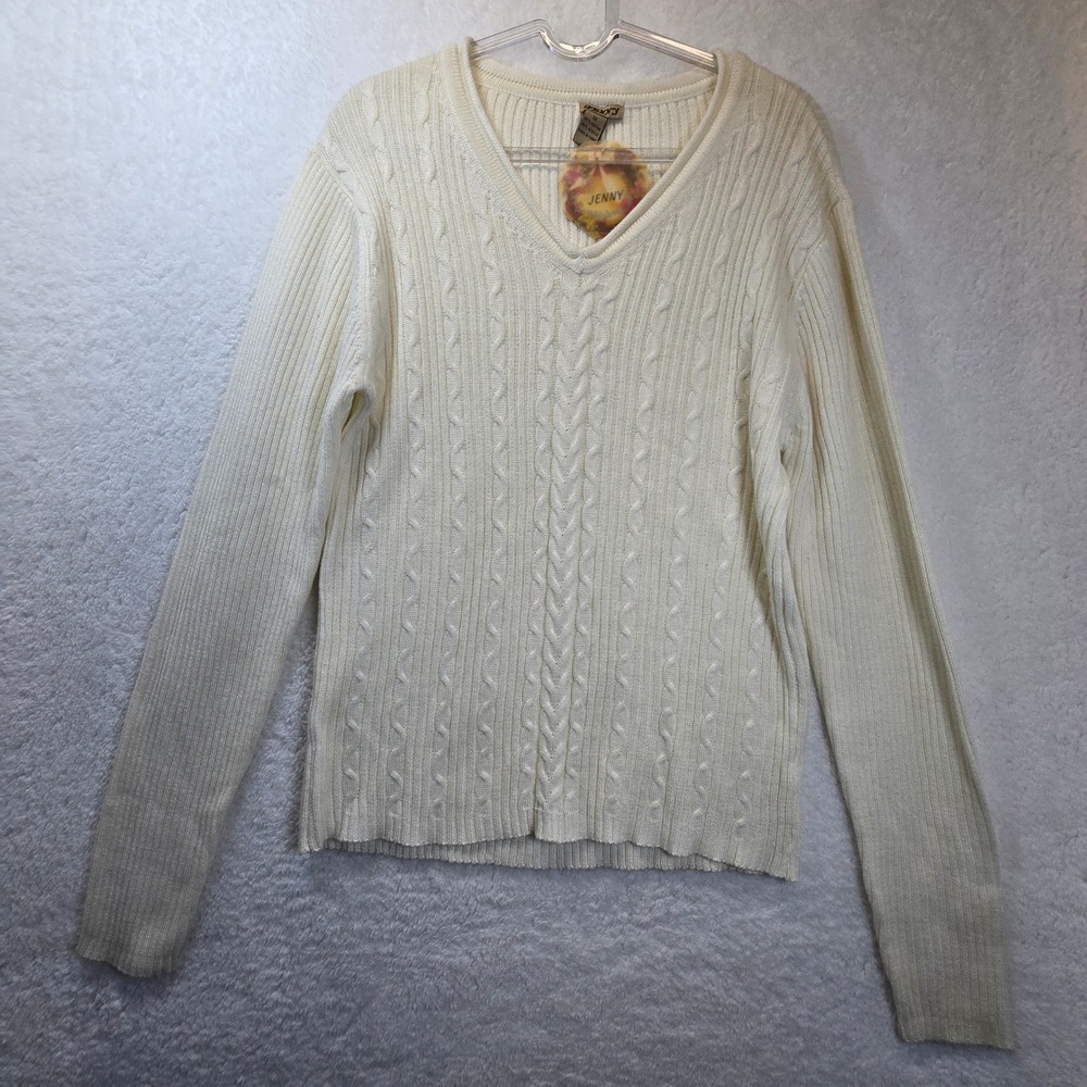 Y2K JENNY Womens Cream Cable Knit Sweater V-Neck‎ Plus 1X Preppy Timeless Twee